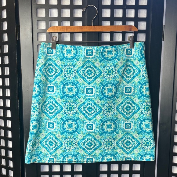 Talbots Dresses & Skirts - 💙 Talbots Turquoise Patterned Skirt Women’s 12P Lined Cotton Stretch Petite 💙